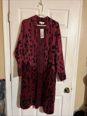 new directions Burgundy and Black Fuzzy Open-Front Cardigan